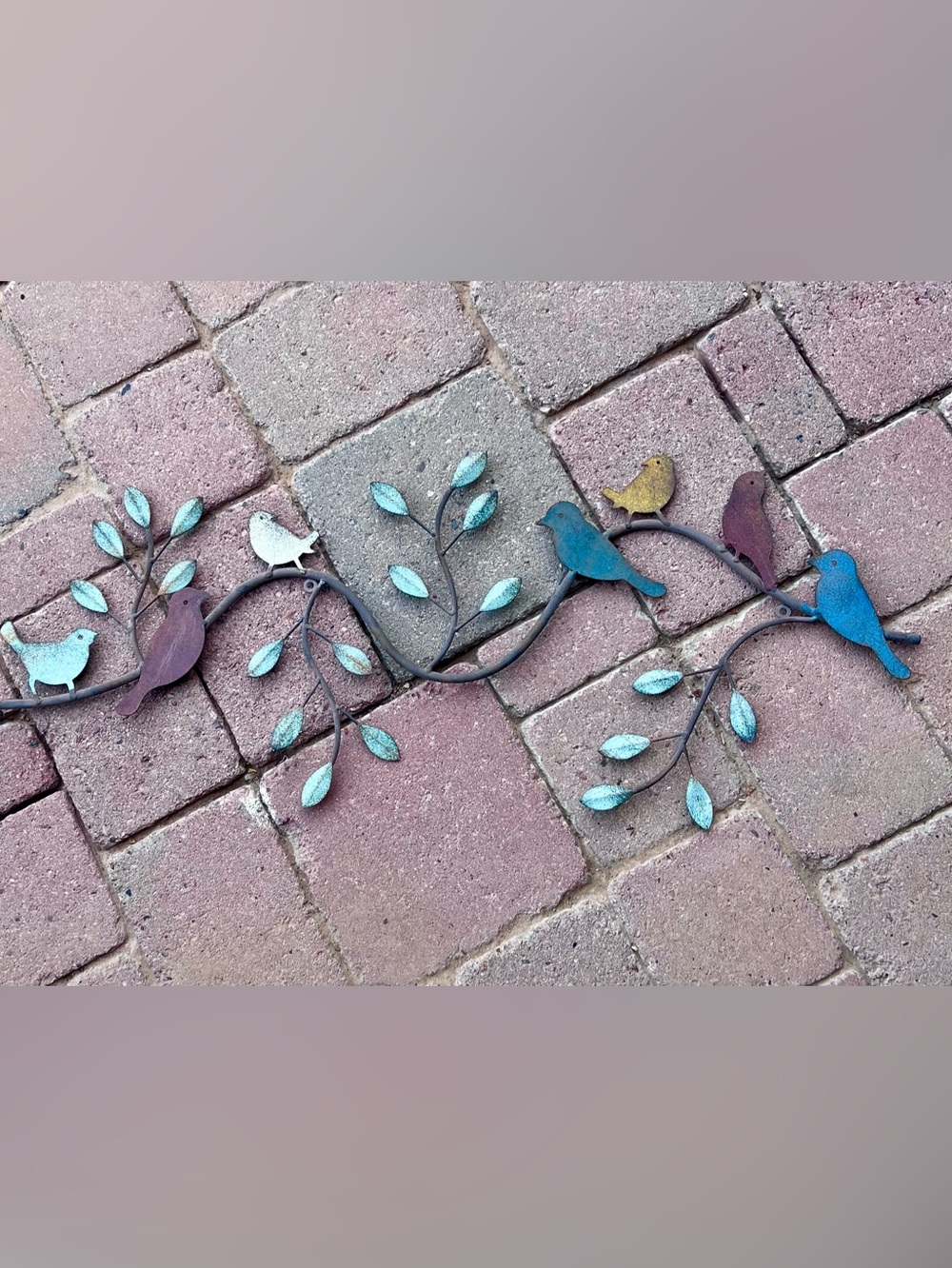 Metal Garden Wall Accent Bird Branch in Turquoise, Brown with Multicolor Birds